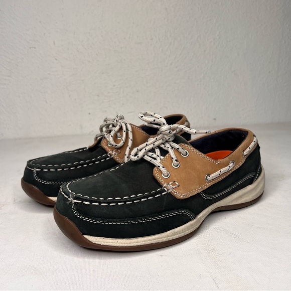 Rockport leather black tan Sailing Club 3 eye boat loafer - Picture 1 of 10